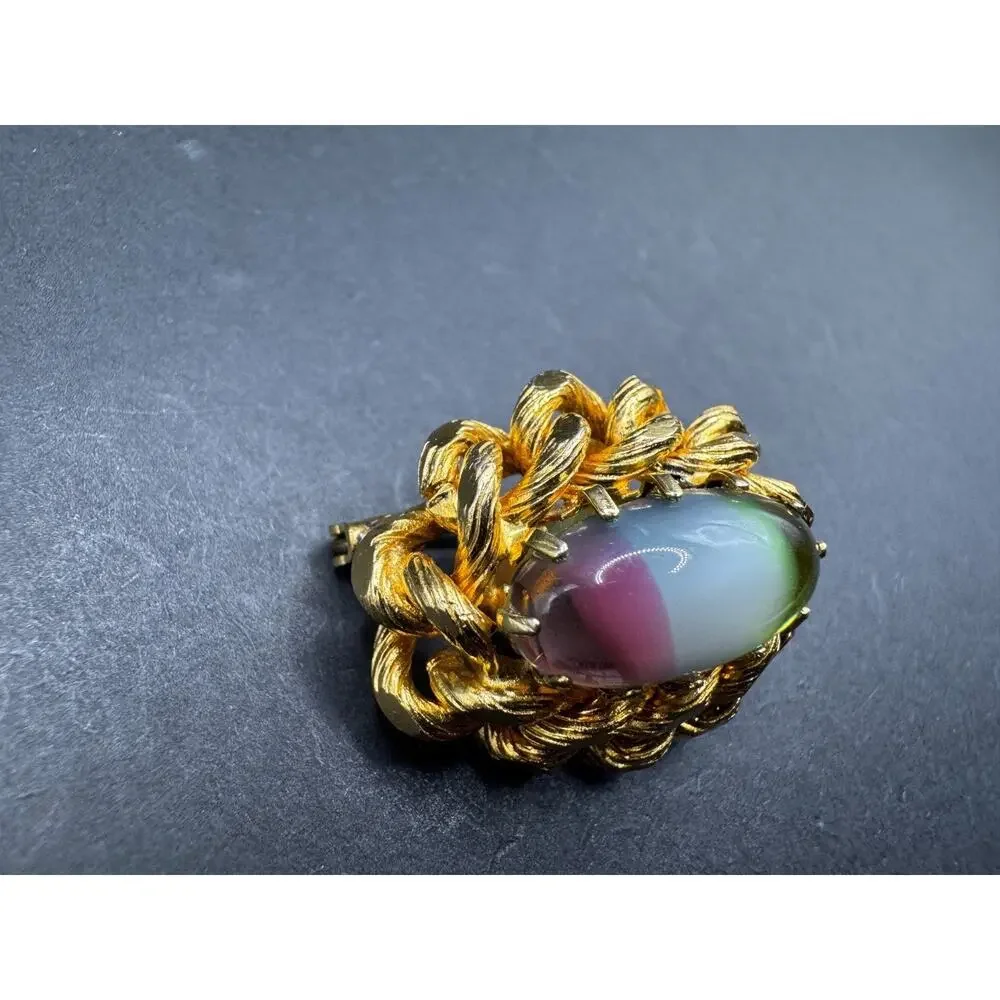Vintage Striped Pink Blue Yellow Porphyry Art Glass Oval Gold Tone Brooch Pin